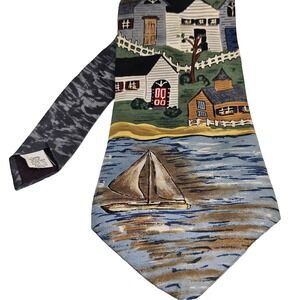 Vintage Necktie Mark Alexander Blue Green 100% Silk Sailboat Scenic Landscape